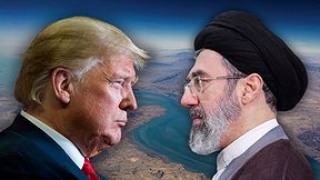 מוג'תבא חמינאי ודונלד טראמפ, ברקע: מצר הורמוז
