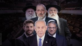 תמונה מעוצבת לידיעת תקציב 2023 - ביבי, סמוטריץ, בן גביר, דרעי, מאיר פרוש, ויצחק גולדקנופף  