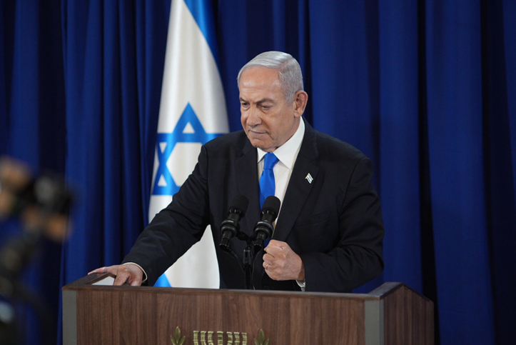 ראש הממשלה בנימין נתניהו במסיבת עיתונאים, יולי 2024