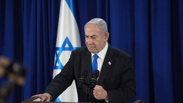ראש הממשלה בנימין נתניהו במסיבת עיתונאים, יולי 2024