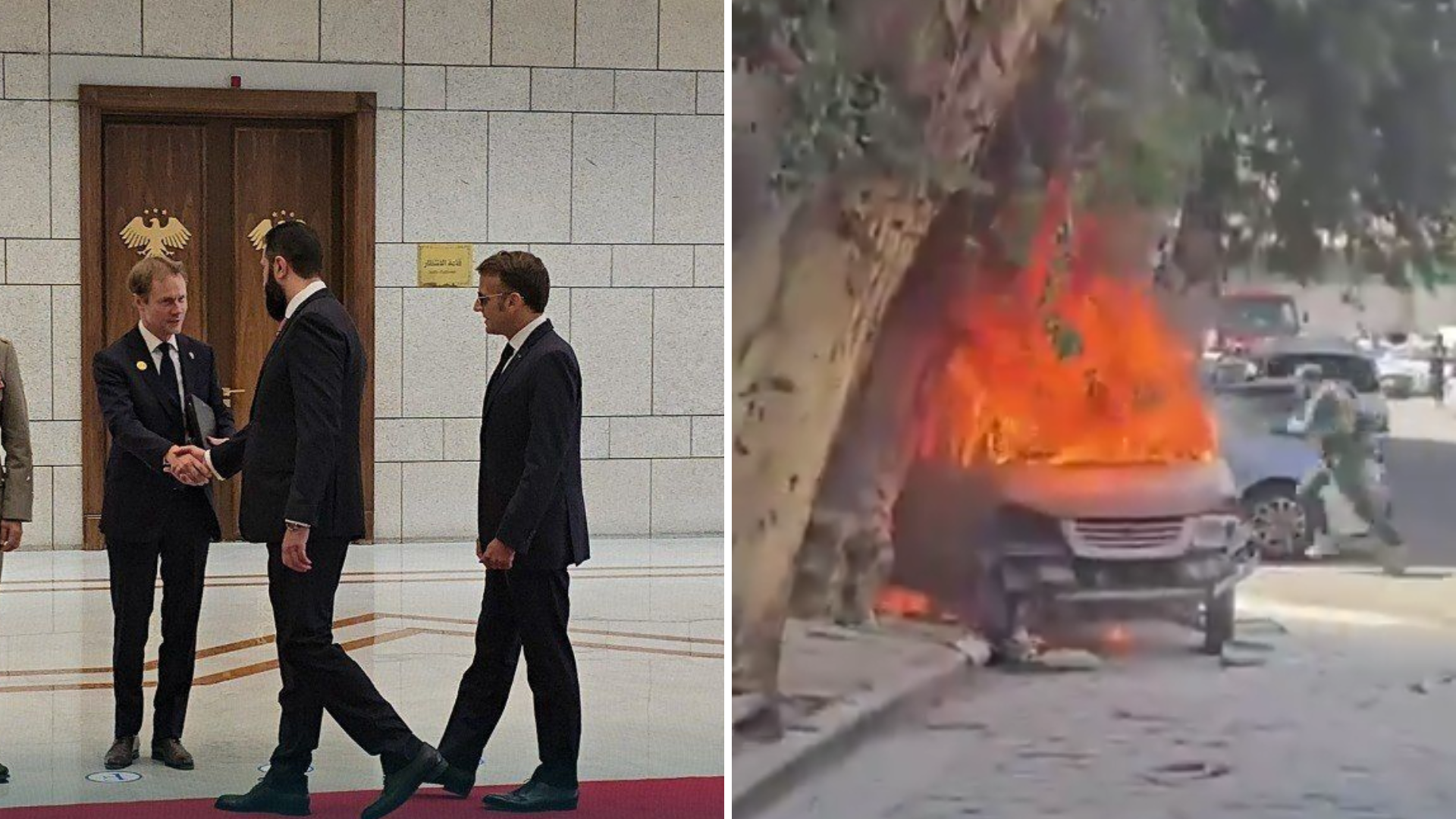 זירת הפיצוץ בדמשק, בזמן ביקורו של מקרון בסוריה