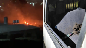 מימין: רכבו של המתיישב, משמאל: שריפה שהוצתה בכפר 