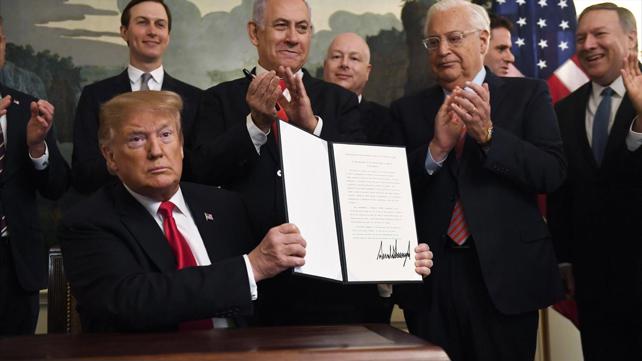 טראמפ ונתניהו במעמד ההכרה בריבונות ישראל בגולן