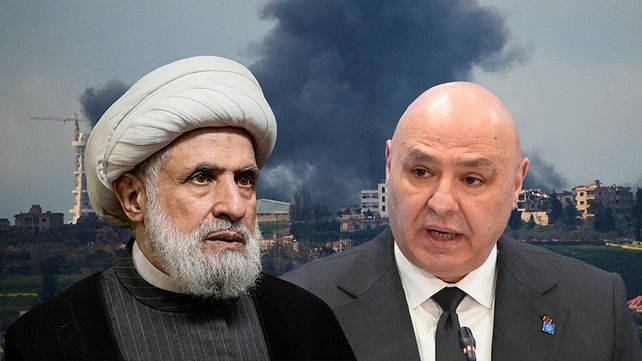 נשיא לבנון ג'וזף עאון ומזכ"ל חיזבאללה נעים קאסם