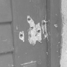Bullet-riddled synagogue door in Germany
