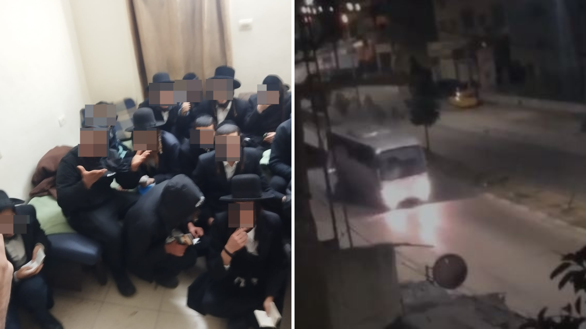האוטובוס שהסיע את החסידים; החסידים ממתינים לחילוץ