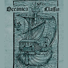 ״צי האוקיינוס״ (Oceanica classis), חיתוך עץ מתוך המהדורה הבזלית של מכתבו של כריסטופר קולומבוס על מסעו הראשון, 1494. נדפס בידי יוהאן ברגמן פון אולפה