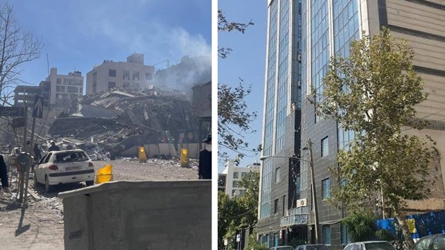 הבניין שבו התכנסה מועצת החכמים של איראן, לפני ואחרי התקיפה