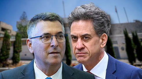 שר החוץ הבריטי אד מיליבנד, שר החוץ גדעון סער; ברקע: הקונסוליה הבריטית במזרח ירושלים