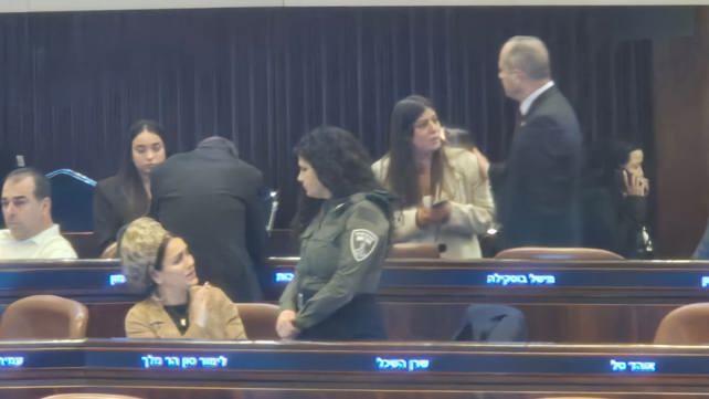 סגנית השר שרן השכל במליאת הכנסת עם מדי משמר הגבול במחאה על קידום חוק הפטור מגיוס, 20.05.26
