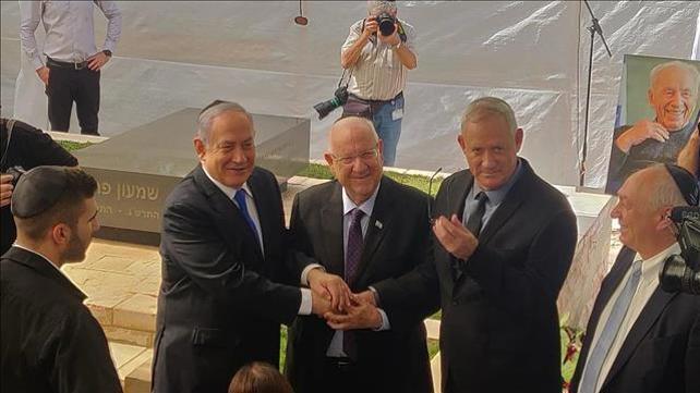 בני גנץ, בנימין נתניהו וראובן ריבלין באזכרה לנשיא פרס, הר הרצל, 19.9.2019