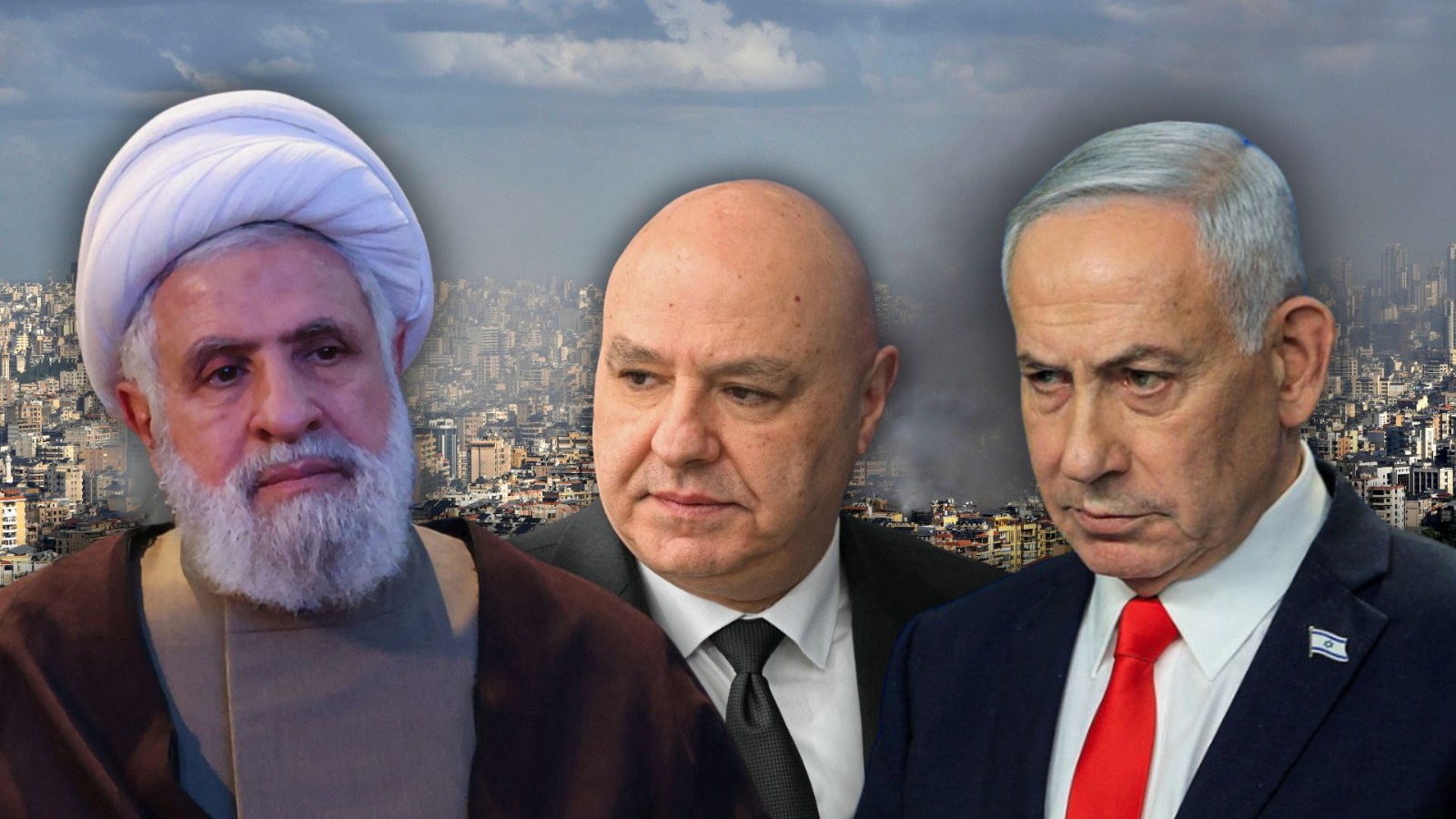  ראש הממשלה בנימין נתניהו (ימין), נשיא לבנון ג'וזף עאון ומזכ"ל חיזבאללה נעים קאסם