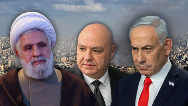  ראש הממשלה בנימין נתניהו (ימין), נשיא לבנון ג'וזף עאון ומזכ"ל חיזבאללה נעים קאסם