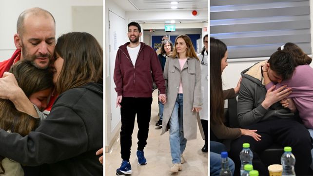 מימין לשמאל: סשה טרופנוב נפגש עם אימו וזוגתו; שגיא דקל חן לצד אשתו ויאיר הורן עם משפחתו