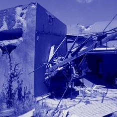 The damage caused to a buildings from missiles fired from Lebanon into Kibbutz Manara, on the Israeli border with Lebanon, August 28, 2024.