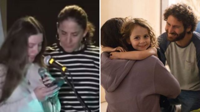 מימין לשמאל: ירדן רומן גת מתחבקת עם ביתה גפן וחן גולדשטיין-אלמוג לצד ביתה
