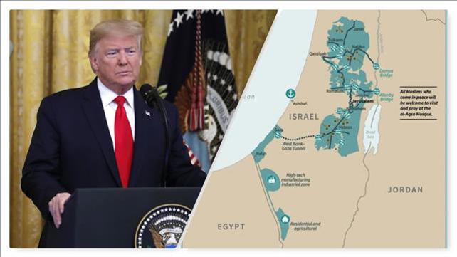 מפת "המדינה הפלסטינית העתידית" לפי תוכנית טראמפ, טראמפ בהצגת התוכנית, 28 בינואר 2020