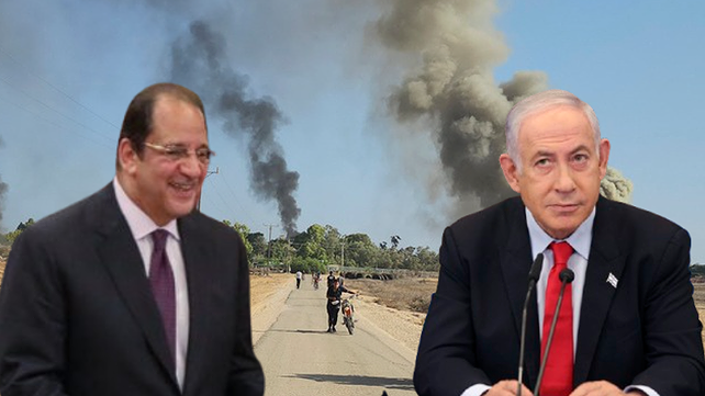 ראש הממשלה בנימין נתניהו (מימין) וראש המודיעין הכללי של מצרים עבאס כאמל, כשברקע מתקפת 7 באוקטובר
