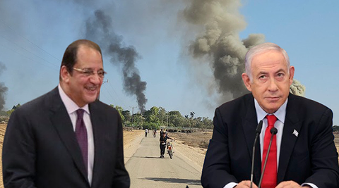 ראש הממשלה בנימין נתניהו (מימין) וראש המודיעין הכללי של מצרים עבאס כאמל, כשברקע מתקפת 7 באוקטובר