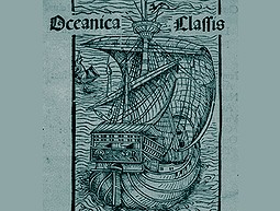 ״צי האוקיינוס״ (Oceanica classis), חיתוך עץ מתוך המהדורה הבזלית של מכתבו של כריסטופר קולומבוס על מסעו הראשון, 1494. נדפס בידי יוהאן ברגמן פון אולפה