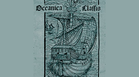 ״צי האוקיינוס״ (Oceanica classis), חיתוך עץ מתוך המהדורה הבזלית של מכתבו של כריסטופר קולומבוס על מסעו הראשון, 1494. נדפס בידי יוהאן ברגמן פון אולפה