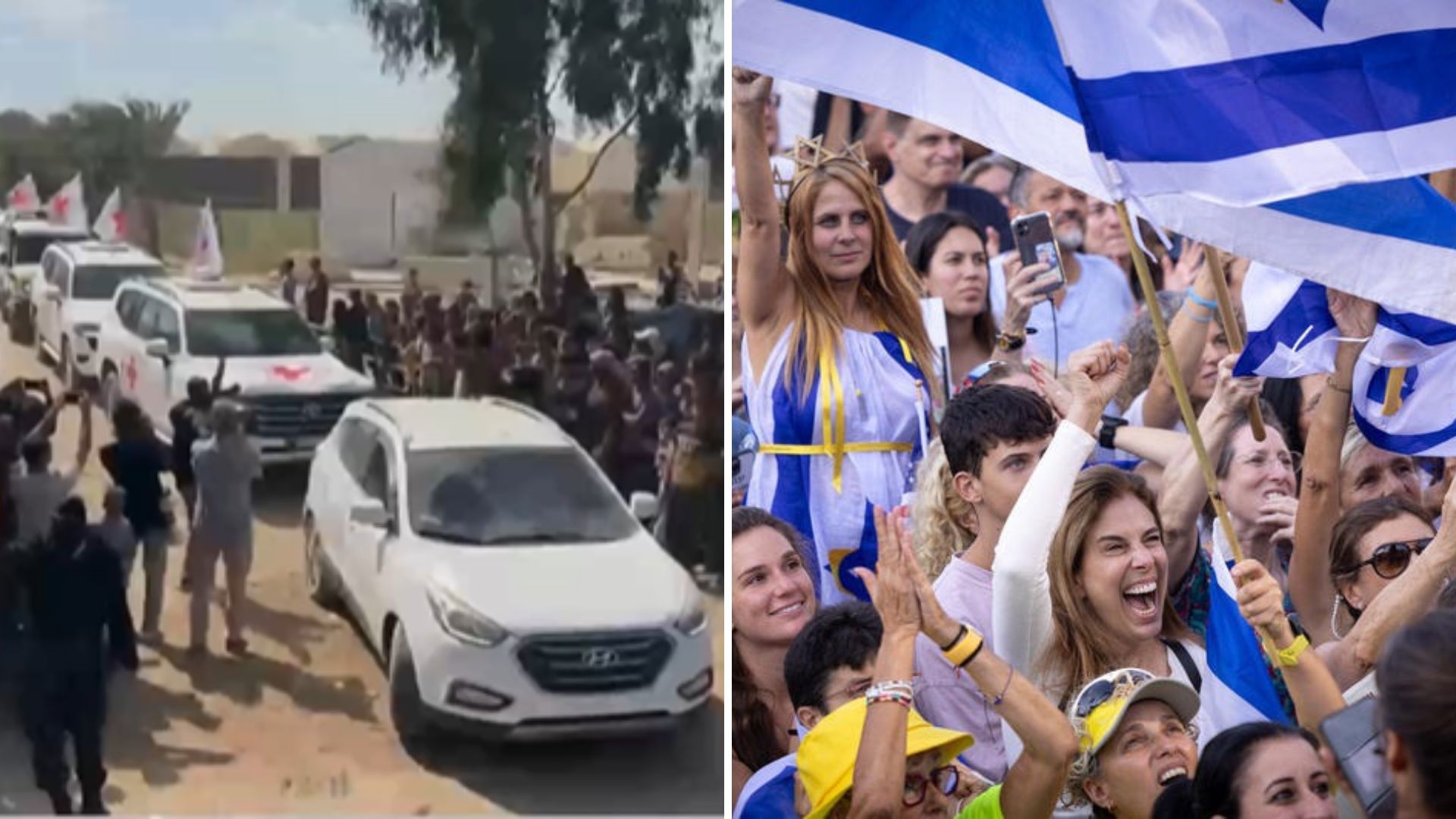 כיכר החטופים מימין, רכבי הצלב האדום בעזה משמאל, 13.10.2025