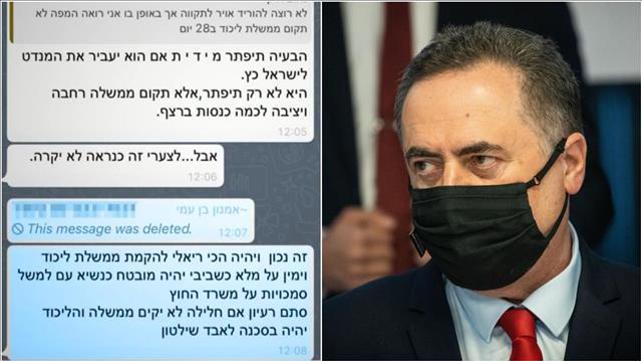 שר האוצר ישראל כ"ץ וההתכתבות בקבוצת הוואטסאפ 11.04.21