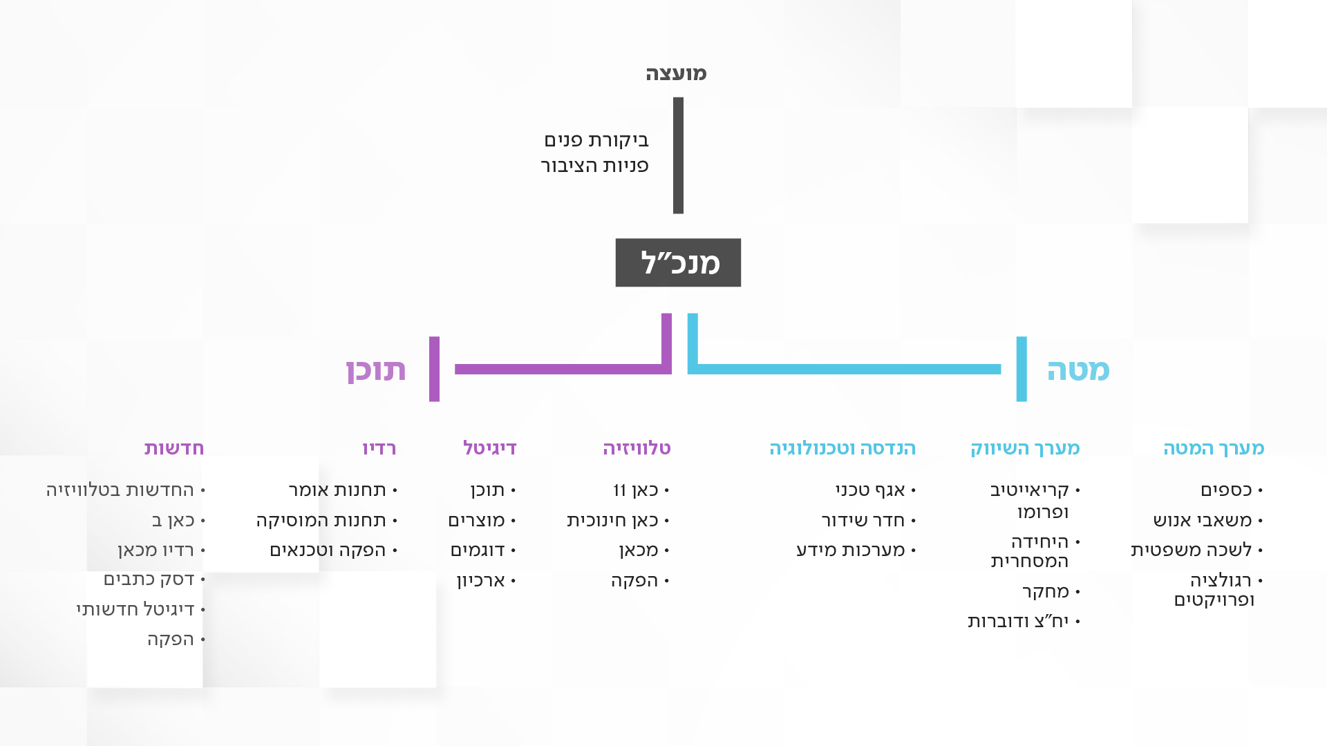 המבנה הארגוני של התאגיד: מועצה, מנכ"ל, מטה. מערך המטה: כספים, משאבי אנוש, לשכה משפטית, רגולציה ופרוייקטים. מערך השיווק: קריאייטיב ופרומו, היחידה המסחרית, מחקר, יח"צ ודוברות. הנדסה וטנולוגיה: אגף טכני, חדר שידור, מערכות מידע. מערך התוכן: תוכן: כאן 11, כאן חינוכית, מכאן, הפקה. דיגיטל: תוכן, מוצרים, דוגמים, ארכיון. רדיו: תחנות אומר, תחנות מוסיקה, הפקה וטכנאים. חדשות: החדשות בטלוויזיה, כאן ב, רדיו מכאן, דסק כתבים, דיגיטל חדשותי, הפקה